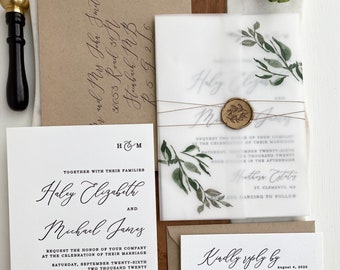 Eucalyptus Greenery Wedding Invitation Gold Wax Seal, Sage Green Watercolor Vellum Wrap Invitation Suite Letterpress Invite set with RSVP