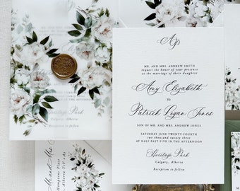Elegant Wedding Invitation Suite Watercolor Spring Flowers Printed Vellum Invitation White Peony Greenery and White Floral Vellum Invite
