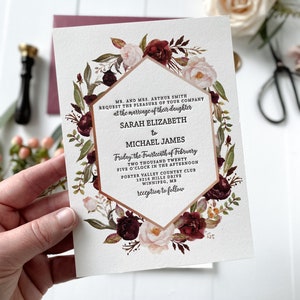 Marsala Floral Letterpress Wedding Invitation Set for Bohemian Wedding image 1