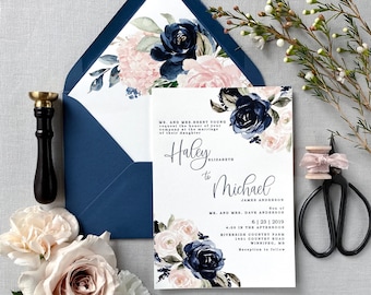 Letterpress with Vellum Wrap Wedding Invitation set, Wax Seal, Navy Blue, Floral Wedding Invitation