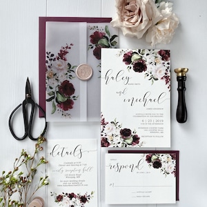 Greenery Burgundy Pink Flower Vellum Jacket Wedding Invitation set Burgundy Green Wedding Invitation Floral Jewel Tone wedding invitation image 2