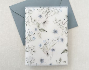 5 x 7 Vellum Jacket Dusty Blue Wedding Invitation Vellum Wrap Floral Wedding Invite Jacket Romantic floral vellum wrap Blue White Flowers