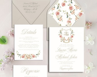 Elegant Floral Wedding Invitations, Luxury Wedding Invitation Suite, Romantic Wedding Invitation Set, Monogram Crest Wedding Invitation