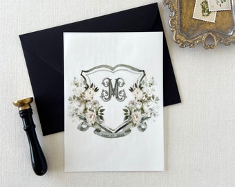 White Flower Watercolor Crest with Monogram Vellum Overlay Wedding Crest Vintage Wedding Monogram Vellum Jacket White floral Monogram crest