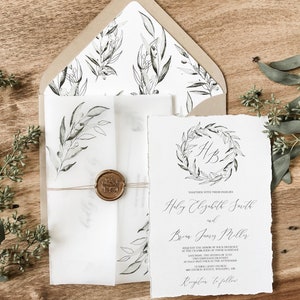Olive Branch Wedding Invitation Set, Greenery Wedding Invitation Vellum with wax seal, Rustic Wedding Invite