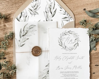 Olive Branch Wedding Invitation Set, Greenery Wedding Invitation Vellum with wax seal, Rustic Wedding Invite