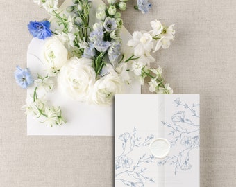 Botanical Wedding Invitations Vellum, Dusty Blue Wedding, Vellum Jacket, Elegant Floral Wedding Invitation Vellum wrap, Instant download