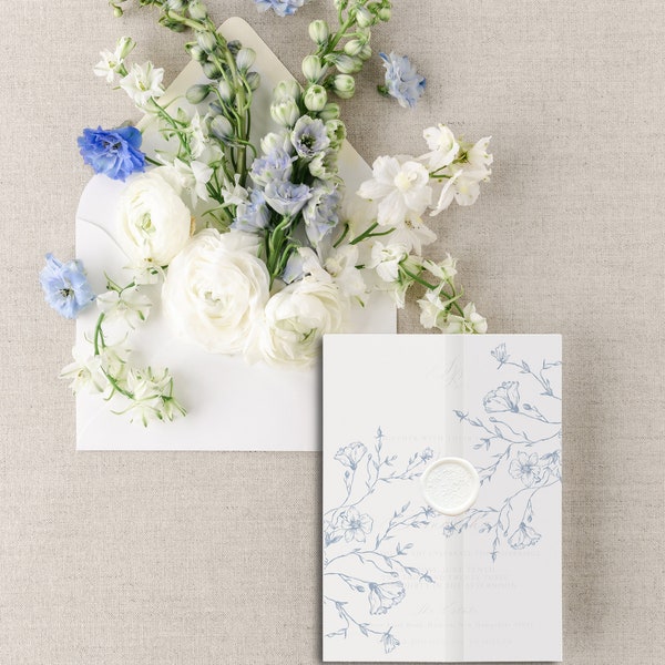 Botanical Wedding Invitations Vellum, Dusty Blue Wedding, Vellum Jacket, Elegant Floral Wedding Invitation Vellum wrap, Instant download