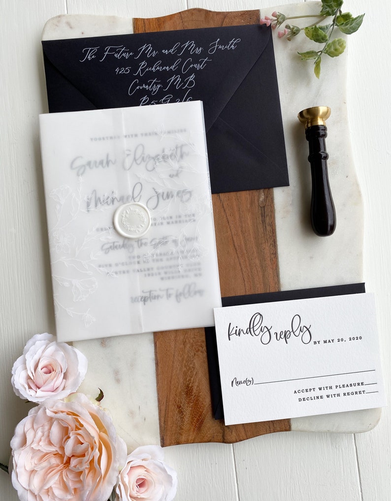 Vellum White Floral Modern Wedding Invitation Set, White Ink, letterpress Wedding Invitation, Luxury Wedding Invitation, Classic Wedding image 3