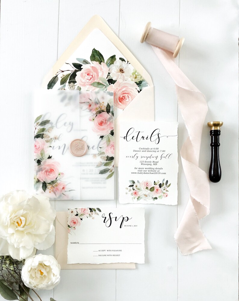 Vellum Wrap Blush Floral Wedding Invitation With Wax Seal Etsy