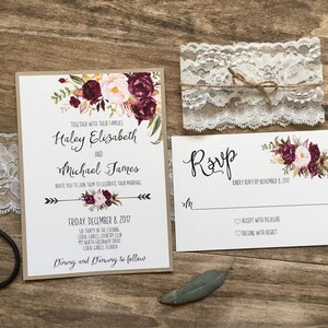 Suite dinvitation de mariage florale avec dentelle, invitation de mariage Boho, invitation de mariage rustique, suite dinvitation printemps été, Marsala image 4