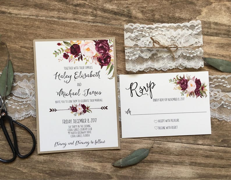 Suite dinvitation de mariage florale avec dentelle, invitation de mariage Boho, invitation de mariage rustique, suite dinvitation printemps été, Marsala image 4