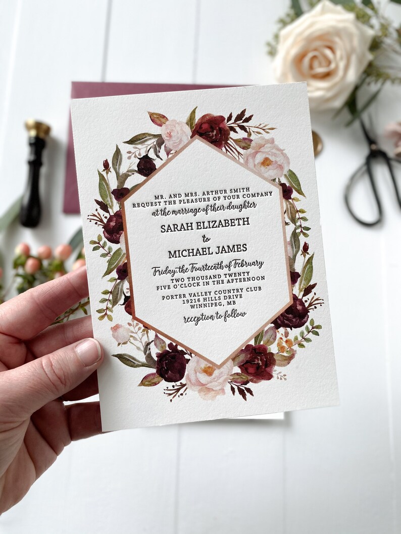 Marsala Floral Letterpress Wedding Invitation Set for Bohemian Wedding image 1