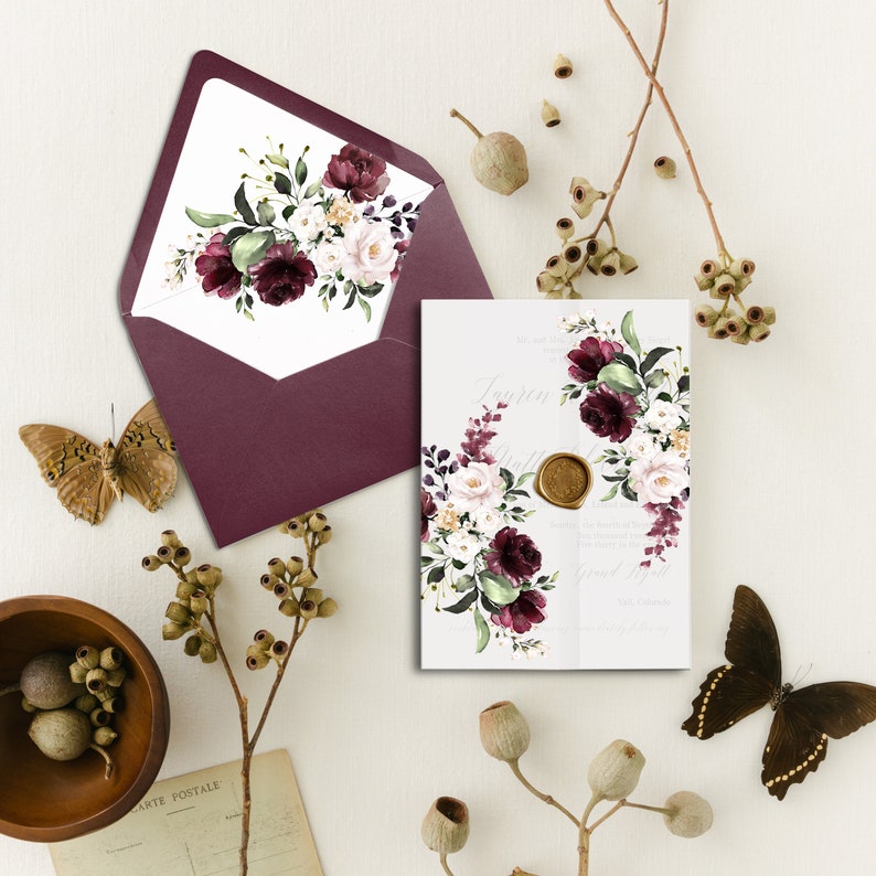 DIY Wedding Envelope Liner and Wrap, Wedding Invitation Jacket, Printable Envelope Liners, Printable Vellum, Burgundy Blush Floral Wedding image 1