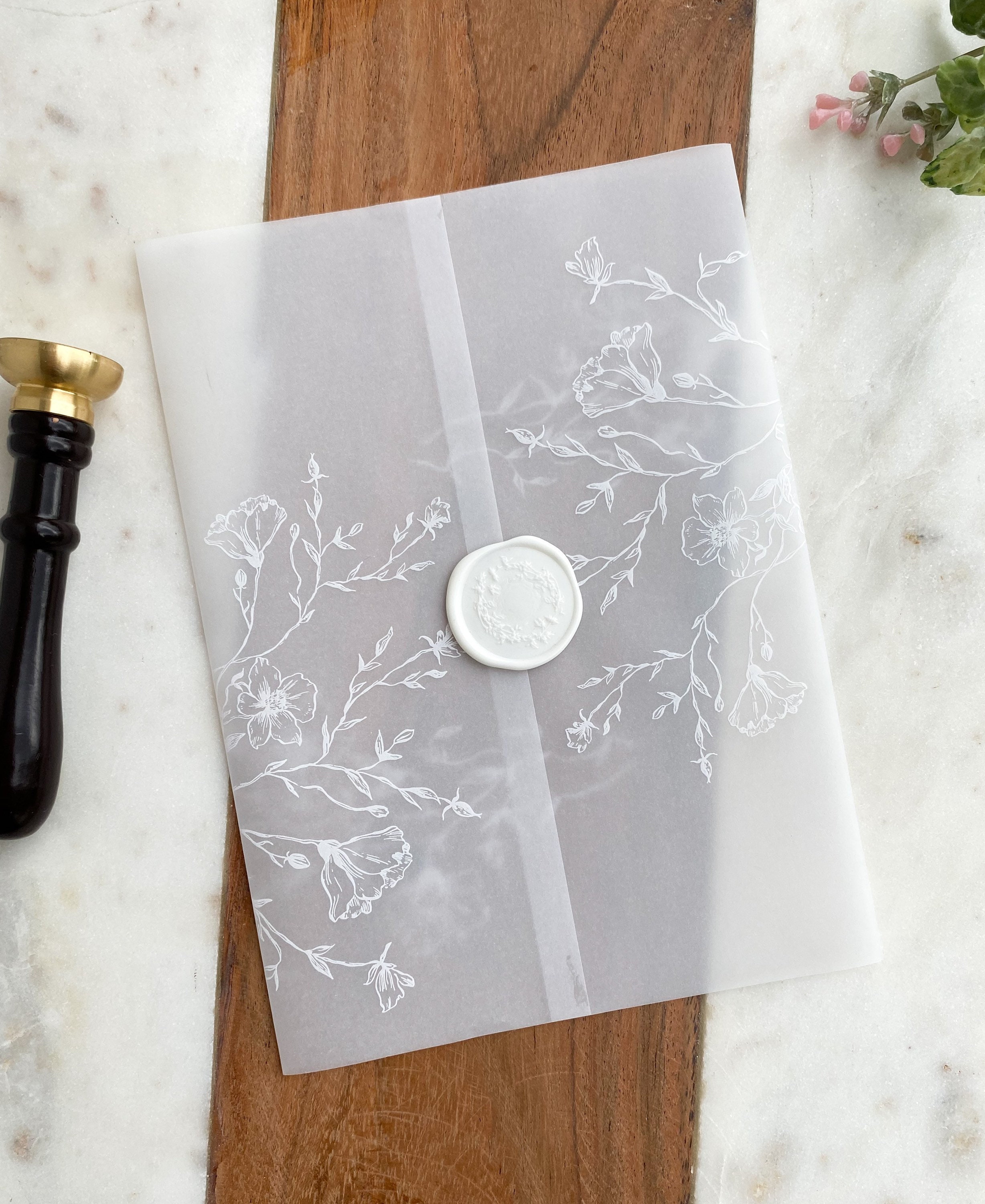 White ink print dainty floral vines printed vellum wrap for 5x7 card, pack  of 10 Invitation Jackets and Overlays by Ivory Invitations