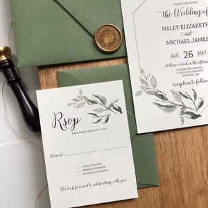 Rustic Greenery and Gold Wedding Invitation Set, Botanical Invitation, Green Wedding image 2