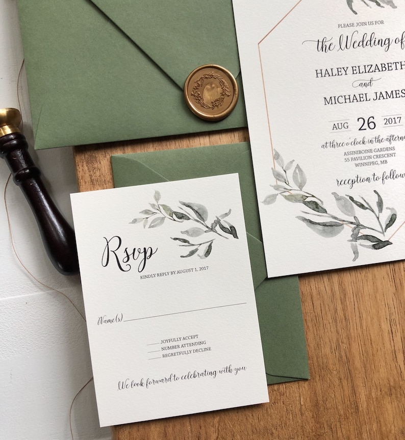 Rustic Greenery and Gold Wedding Invitation Set, Botanical Invitation, Green Wedding image 2