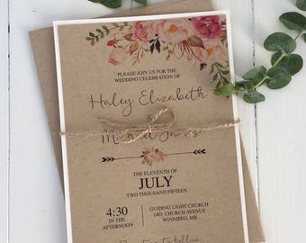 Rustic Blush Floral Wedding Invitation, Bohemian Wedding, Bohemian Wedding