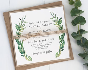 Rustic Greenery Wedding Invitation set, Green Leaves Watercolor