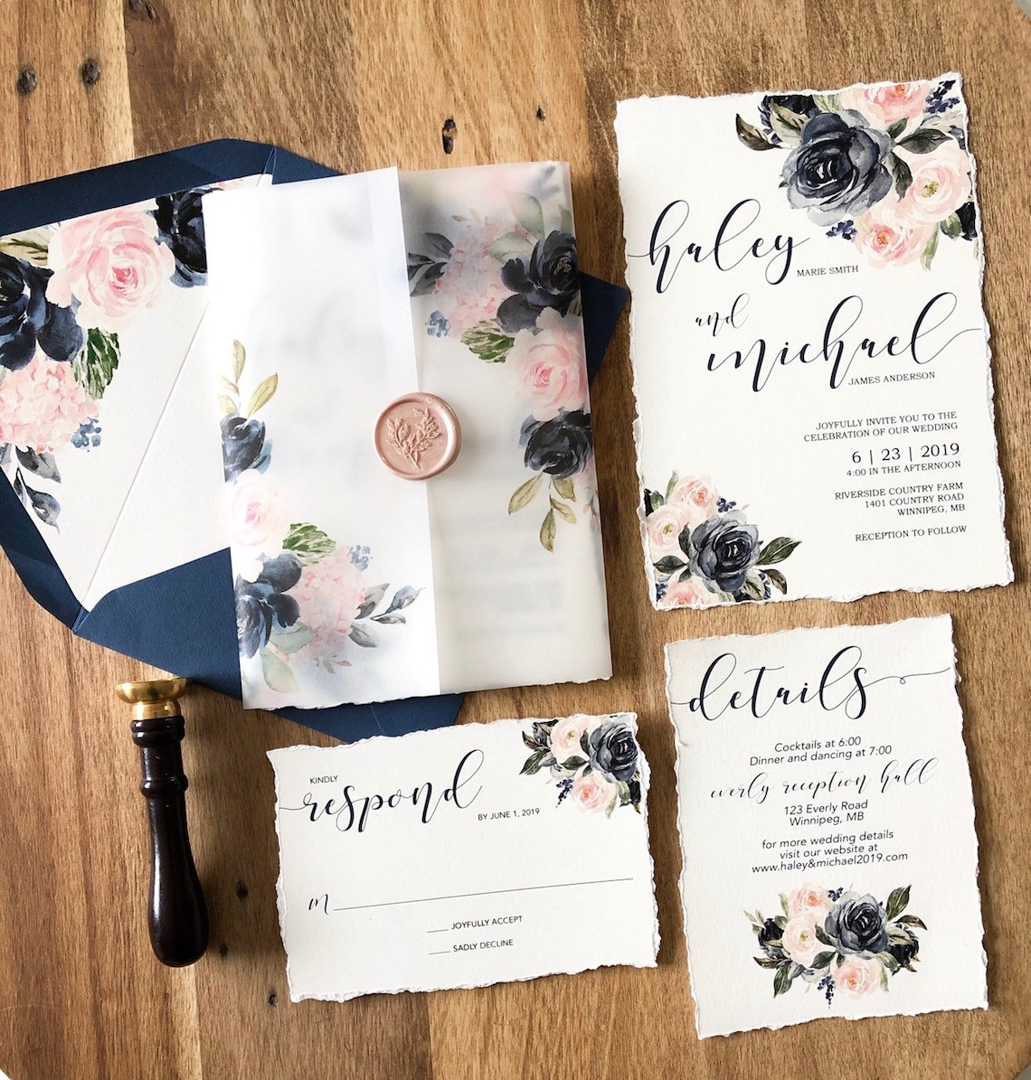 Vellum Wedding Invitation set Wax Seal Navy Blue Floral image 1