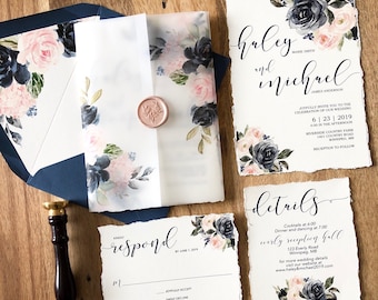 Vellum Wedding Invitation set, Wax Seal, Navy Blue, Floral Wedding Invitation