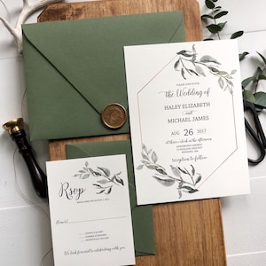 Rustic Greenery and Gold Wedding Invitation Set, Botanical Invitation, Green Wedding image 1