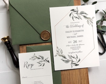 Wedding Invitation with Greenery and Gold Geometric , Rustic Wedding Invitation