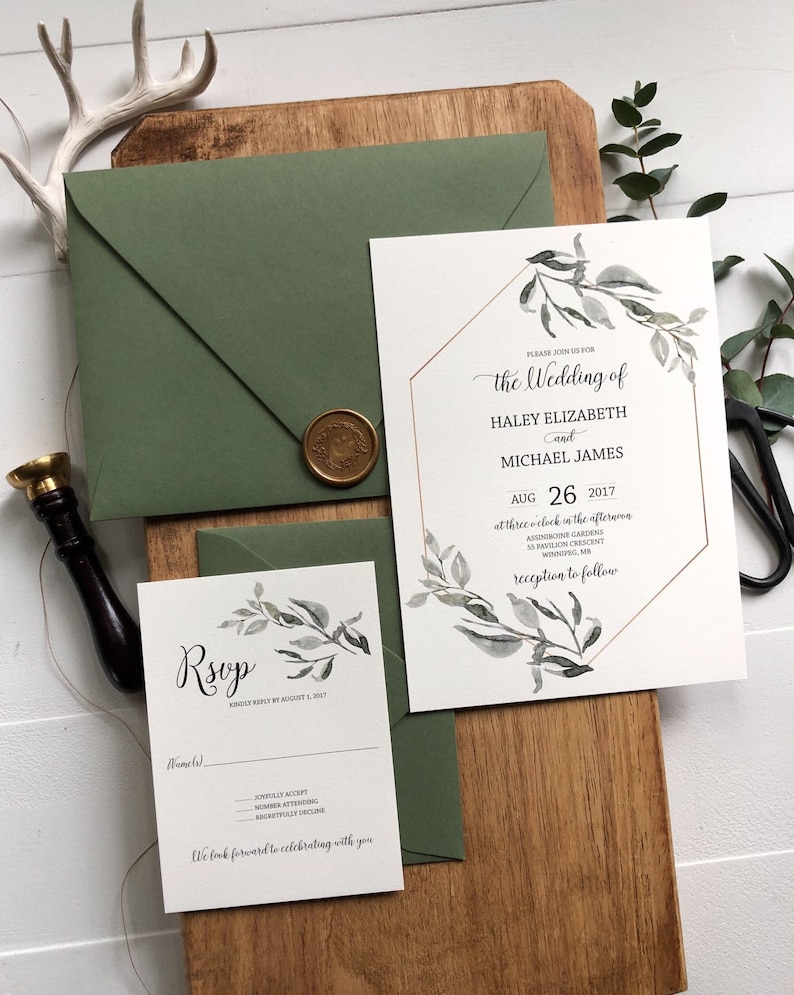 Rustic Greenery and Gold Wedding Invitation Set, Botanical Invitation, Green Wedding image 1