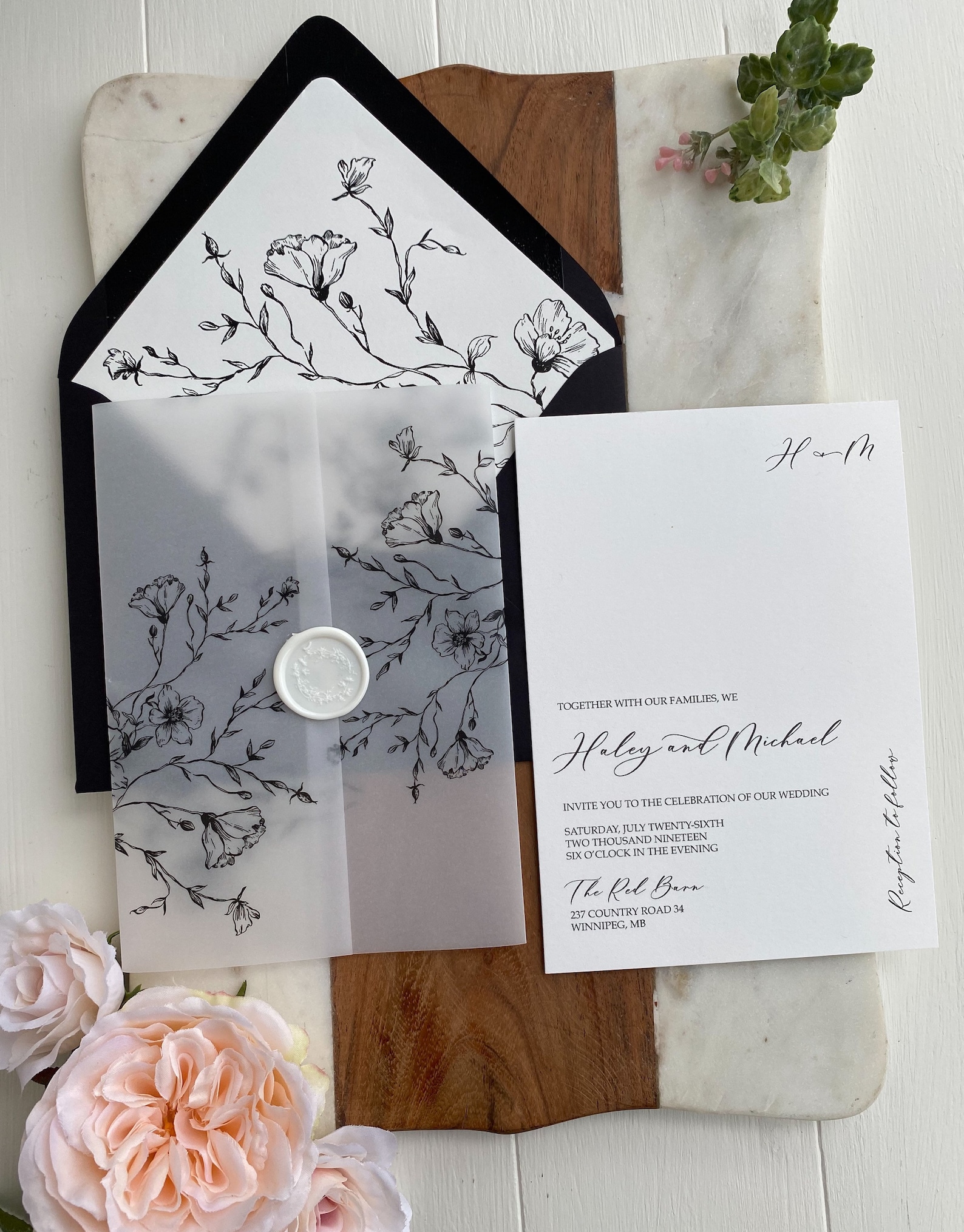 Vellum Floral Modern Wedding Invitation Set Black Wedding Etsy