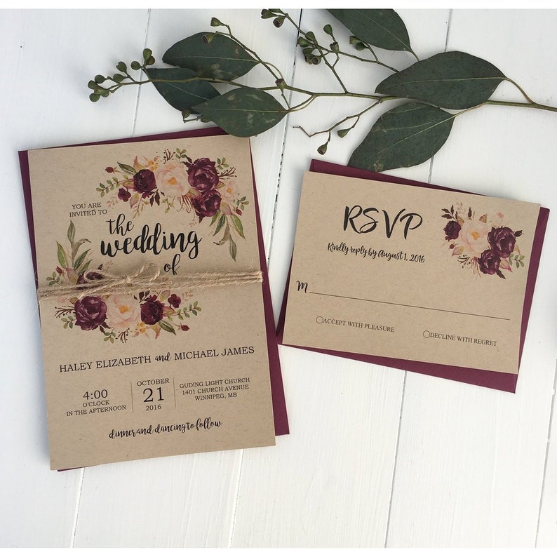 Burgundy and Blush Roses Rustic Floral Wedding Invitation Marsala Wedding Invitation Bohemian Wedding