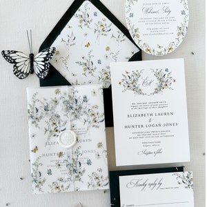 Wildflower Wedding Invitation Set with Vellum and Wax Seal, Dusty Blue blush Floral Wedding Invitation, Butterfly Wedding Invitation Suite image 4
