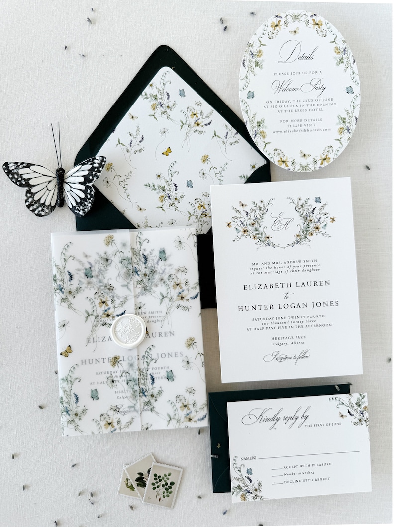 Wildflower Wedding Invitation Set with Vellum and Wax Seal, Dusty Blue blush Floral Wedding Invitation, Butterfly Wedding Invitation Suite image 4