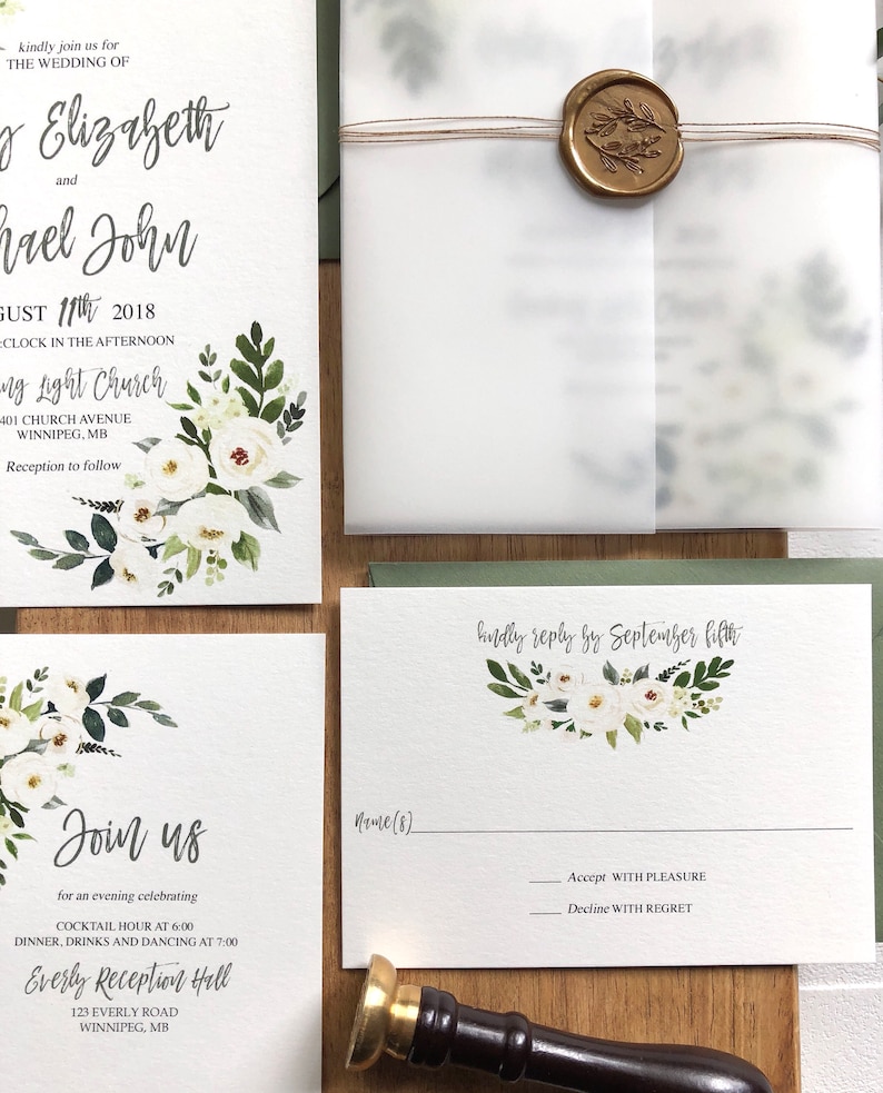 Greenery Floral Wedding Invitation Vellum Wrap with Gold