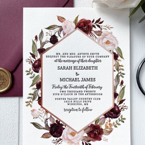 Marsala Floral Letterpress Wedding Invitation Set for Bohemian Wedding image 8