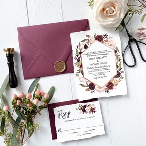 Marsala Floral Letterpress Wedding Invitation Set for Bohemian Wedding image 5