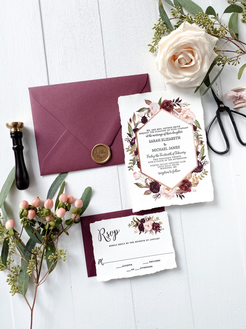 Marsala Floral Letterpress Wedding Invitation Set for Bohemian Wedding image 5