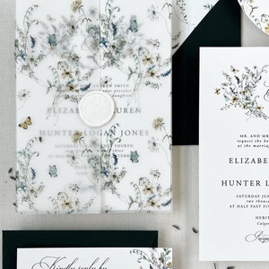 Wildflower Wedding Invitation Set with Vellum and Wax Seal, Dusty Blue blush Floral Wedding Invitation, Butterfly Wedding Invitation Suite image 6