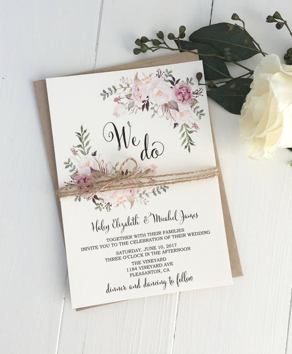 Rustic Pink blush Wedding Invitation Suite Bohemian Wedding | Etsy