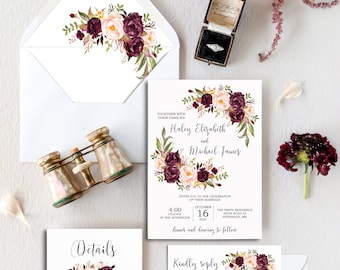 Marsala Floral Wedding Invitation Set, Bohemian Wedding, Burgundy Wedding Invitation, Blush and Burgundy Floral Wedding Invitation,PRINTABLE