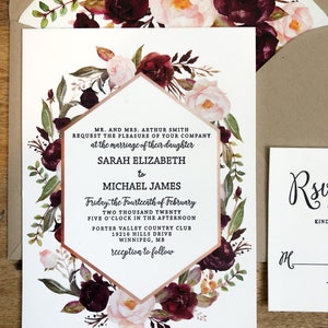 Marsala Floral Letterpress Wedding Invitation Set for Bohemian Wedding image 3