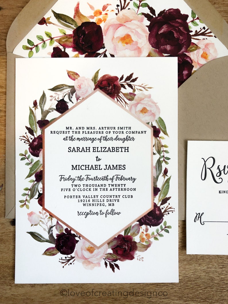 Marsala Floral Letterpress Wedding Invitation Set for Bohemian Wedding image 3