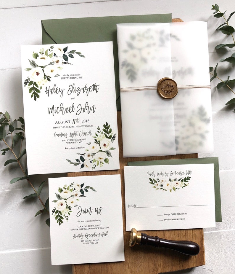 Greenery Floral Wedding Invitation Vellum Wrap with Gold