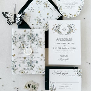Wildflower Wedding Invitation Set with Vellum and Wax Seal, Dusty Blue blush Floral Wedding Invitation, Butterfly Wedding Invitation Suite image 1
