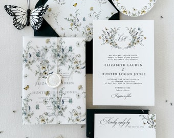 Wildflower Floral Wedding Invitation with Vellum and Wax Seal, Dusty Blue blush Floral Wedding Invitation, Butterfly Wedding Invitation set