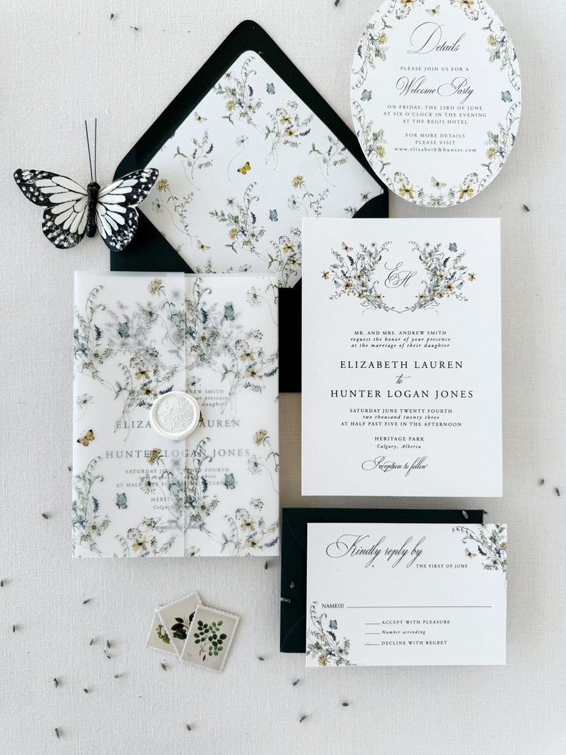 Wildflower Wedding Invitation Set with Vellum and Wax Seal, Dusty Blue blush Floral Wedding Invitation, Butterfly Wedding Invitation Suite image 1