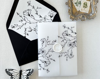 Black Botanical Vellum Wrap 5 x 7 Wrap for DIY Wedding Invitation Vellum jacket Wax Seal Floral Botanical Wrap DIY Invitation Floral Garden