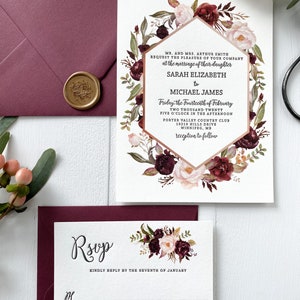 Marsala Floral Letterpress Wedding Invitation Set for Bohemian Wedding image 9