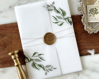 Greenery Vellum Wrap for DIY wedding Invitation, Vellum jacket, With Gold Wax Seal and Rustic Twine Rustic Greenery Printed Wrap
