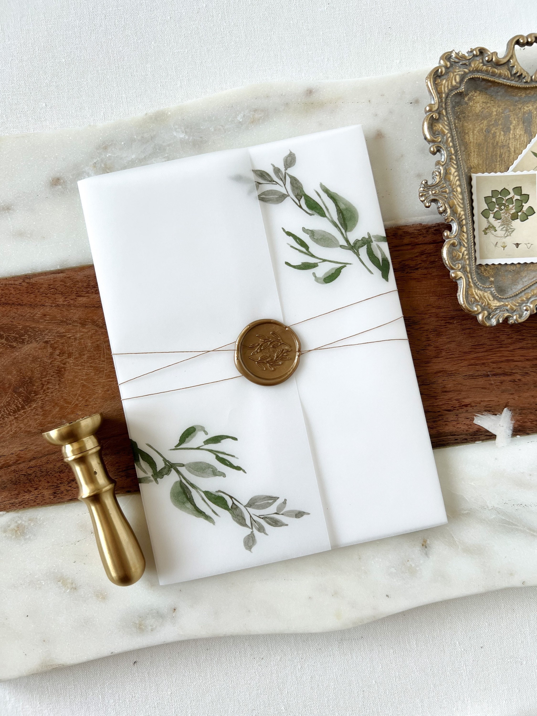 Greenery and Gold Vellum Wrap Jacket for DIY Wedding Invitation - Cotton  Willow Design Co.