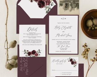 Elegant Burgundy Wedding Invitation Set Rustic Burgundy and Pink Wedding Invitation suite Romantic Floral Invite Boho Wedding Invitations